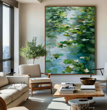 Dafen Village Hand-Painted Oil Painting: Abstract Floral Water Lilies with Textured Impressionism for Living Room, Dining Room, and Stairwell Wall Art