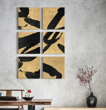 Tian Yu New Chinese Style Abstract Hand-Painted Gold Foil Ink Wash Painting - Living Room Sofa Background Wall Combination Art and Bedroom Wall Decor