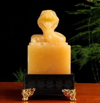 Natural Yellow Jade Zodiac Snake Ornament, Carved Jade Seal, Wealth Stamp, Large Seal, Jade Carving for Home Decoration