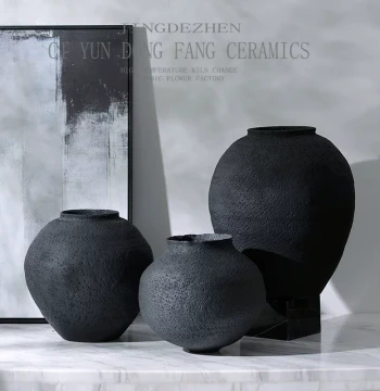 Vintage Handmade Retro Black Ceramic Vase, Premium Wabi-Sabi Style Pottery Jar for Flower Arrangement, Large-Belly Flower Vessel