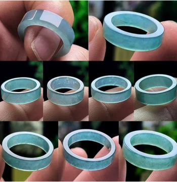 Authentic Natural Grade A Jade Jadeite Ring Steel-Like Straight Edge Square Ring Flat Finger Ring Band Ice Blue-Green Strong Light Reflection