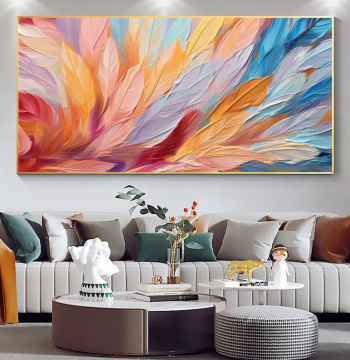 Dafen Village Pure Hand-Painted Oil Painting, Abstract Textured 3D Feather Large-Scale Living Room Decorative Painting, Horizontal Bedroom Wall Art
