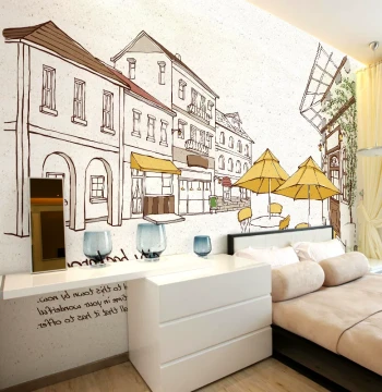 Artistic Hand-Painted City Street Scene Wallpaper for Restaurants, Cafes, Living Rooms, Bars, 3D Wall Covering, KTV Personalized Mural