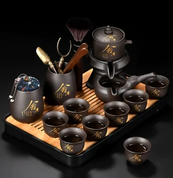 Tea Cup Set Home Use 2026 New Arrival Purple Clay Kung Fu Tea Set, Stone Mill Automatic Lazy Brewing Teapot