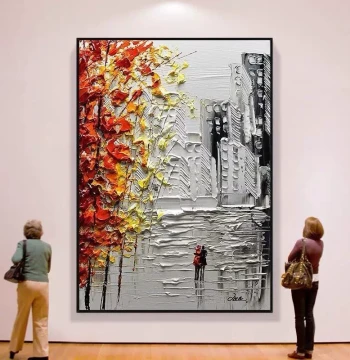 Hand-Painted Oil Painting, Black and White City Walk, Abstract 3D Textured Thick Oil Entryway Art, Minimalist Luxury Living Room and Dining Room Wall Art