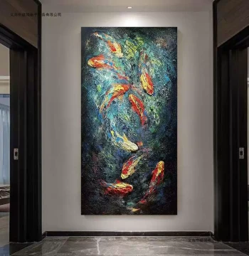 Nine Fish Diagram Entryway Decorative Painting, Abstract Artistic Textured Wall Art for Living Room Hallway, Pure Hand-Painted Abstract Oil Painting