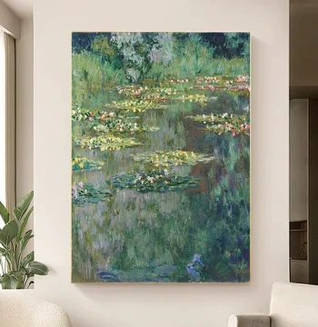 Monet Water Lilies Hand-Painted Oil Painting, Impressionist Art, Nordic Dafen Oil Painting Village Entryway Living Room Decor, Artistic Wall Hanging