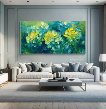 Dafen Village Pure Hand-Painted Oil Painting: Abstract Floral Green Textured Living Room Decor, Horizontal Dining Room and Bedroom Wall Art