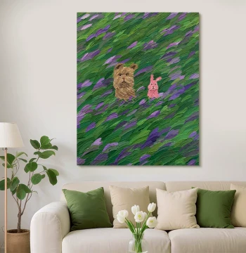 HW.piant Original Hand-Painted Oil Painting 'Flower Field Fun', Living Room Abstract Cartoon Textured Decor Wall Art