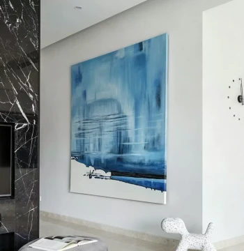 Minimalist Blue Tone Water Realm Abstract Textured Hand-Painted Entryway Decor, Art Wall Hanging for Living Room Facing the Door