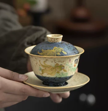 Yunhuatang Tea Brewing Gaiwan Single High-End Blue and White Fire Stone Red Kung Fu Tea Set Sancai Tea Bowl Tea Cup Three-Piece Set