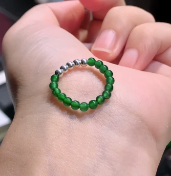 New Chinese Retro National Trend Natural Grade A Old Pit Ice-Type Full Green Jadeite Millet Bead Elastic Ring for Women