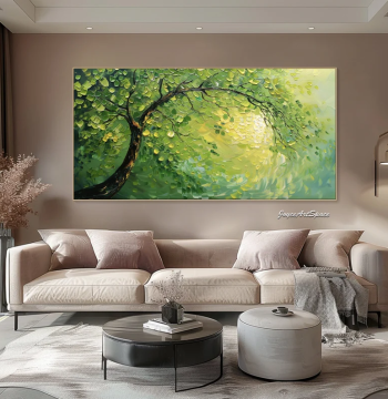 Dafen Village Hand-Painted Abstract Green Money Tree Textured Living Room Decorative Painting, Horizontal Office 3D Wall Art
