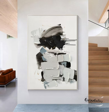 Dafen Village Pure Hand-Painted Oil Painting Abstract Black and White Textured Living Room Decor Art for Dining Room, Entryway, Hallway, and Floor Display