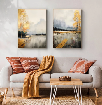 Dafen Village Pure Hand-Painted Oil Painting: Nordic Abstract Landscape Diptych for Living Room, Wabi-Sabi Style Bedroom Wall Art