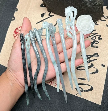 Jade Hairpin Dragon and Phoenix Ruyi Design Burmese Type A Jade Hand-Carved Vintage Ladies Hair Accessory Hanfu Jade Hairpin