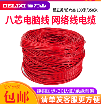 Delixi Electric Wire & Cable, 8-Core Computer Cable, Cat5e/Cat6 Unshielded Copper Core Ethernet Cable, 100 Meters