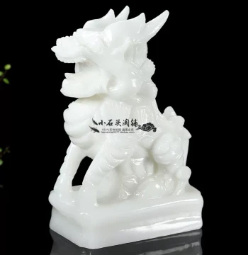 Natural Jade Qilin Hand-Carved Animal Ornament for Home Living Room Entryway Windowsill, Sweat-White Jade Carved Craft
