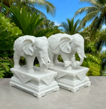 Pair of White Marble Carved Elephant Ornaments for Living Room, Wealth-Attracting Office Desk, Entryway, Wine Cabinet, Doorway Water-and-Wealth Absorbing Stone Elephants