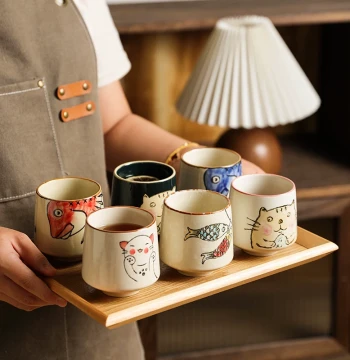 Sheri Underglaze Retro Painted Ceramic Teacup, Hand-Painted Japanese Style Wine or Water Cup, Single Small Teacup
