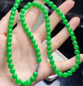 Natural Burmese Grade A Jadeite, Ice-Glazed Species, Sun-Green Millet Bead Clavicle Necklace, Old Pit Spicy Green Round Bead Jade Pendant