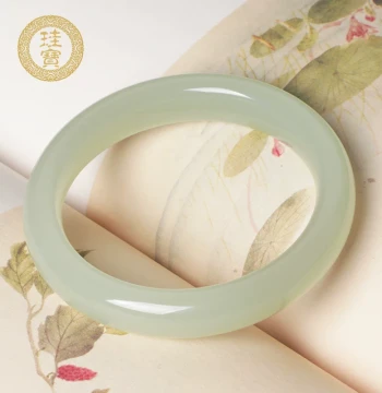 Guibao Authentic Hetian Jade Green-White Wide Bangle – High Ice Qing Shui Style for Young Women, Natural Jade Bangle