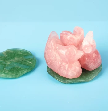 Natural Rose Crystal Ornament Carving: Jade Mandarin Ducks and Lotus Leaves, Semi-Precious Stone Craftsmanship, Wedding Gift Jade Ornament