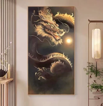 Hand-Painted Oil Painting New Chinese Style Golden Auspicious Dragon Living Room Floor Standing Decorative Painting, Entryway Twelve Zodiac Hanging Art