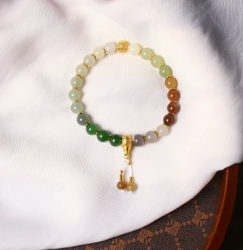 Premium Natural Hetian Jade Multi-Gem Gradient Round Bead Original Design Single-Loop Bracelet for Women