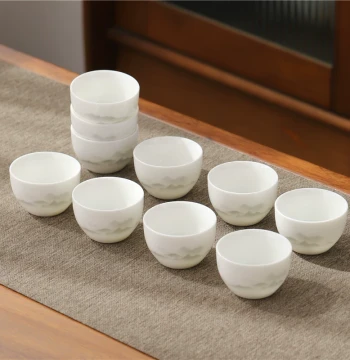 Mutton Fat Jade Porcelain Teacup Set - 6 or 10 Pieces White Ceramic Kung Fu Tea Cups for Home and Guests