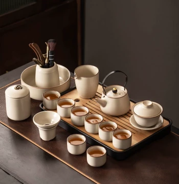 Beige Ru Kiln Kung Fu Tea Set, Home Ceramic Teapot, Gaiwan, Cups, Tray, Light Luxury High-End Chinese Tea Drinking