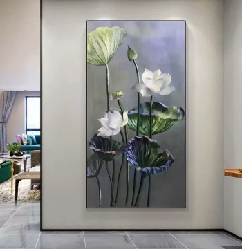 Dafen Village Hand-Painted Oil Painting Chinese Style Lotus Minimalist Entryway Vertical Decorative Painting Living Room Sofa Background Mural Wall Hanging