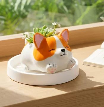 Cartoon Corgi Ceramic Flower Pot, Handmade Creative Desktop Ornament, Breathable Green Plant Vessel, Succulent Small Pot with Tray