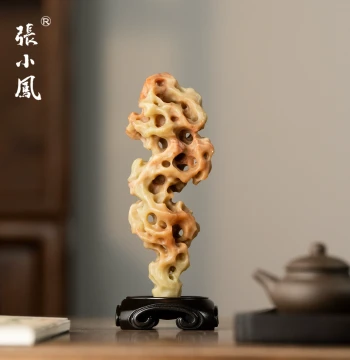 Zhang Xiaofeng Imitation Taihu Stone Ornament, Hand-Carved Natural Jade/Laos Stone Scholar's Four Treasures, Elegant Study Decor, Tea Room Display, Calligraphy Gift