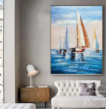 Dafen Village Hand-Painted Oil Painting of Blue Ocean Scenery with Sailboats, Abstract Living Room Decor, Smooth Sailing Dining Room Wall Art