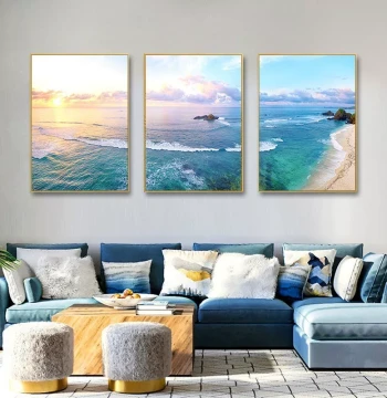 Pure Hand-Painted Oil Painting Triptych Seascape Sunrise Scenery for Living Room Sofa Decor, Nordic Modern Restaurant Entryway Wall Art