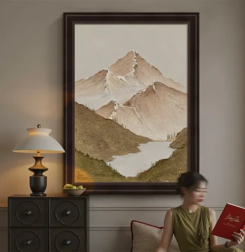 Wabi-Sabi Style 'Backed by a Mountain' Hand-Painted Oil Painting, Vintage Art Textured Canvas for Living Room, Retro Decor for Entryway