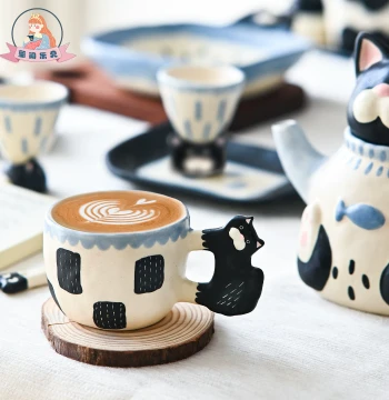 Xiwen Lejian Creative Handmade Ceramic Cat Coffee Cup Cute Floral Teapot Tea Set with Saucer Gift Ornament