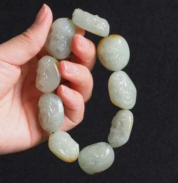 Xinjiang Hetian Jade God of Wealth Bracelet - Raw Seed Material, Green-White Jade Carved Beads, Jewelry with Appraisal Certificate