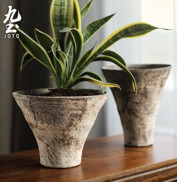 Jiutu Wabi-Sabi Style Flower Pot, Retro Handmade Coarse Pottery, Chinese Zen Tea Room Ornament, Irregular Conical Ceramic Decorative Art