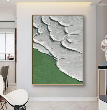 Dafen Village Hand-Painted Oil Painting Abstract Green Wave Textured Thick Oil Living Room Decor Art for Hallway, Entryway, and Dining Room