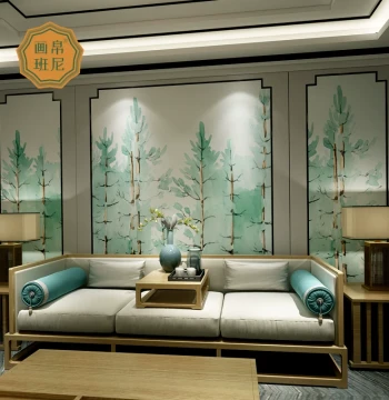 Japanese Style Custom TV Wall Mural for Sofa, Bedroom, and Dining Room Background H-Wall Art Wallpaper Hand-Painted Emerald Green Trees