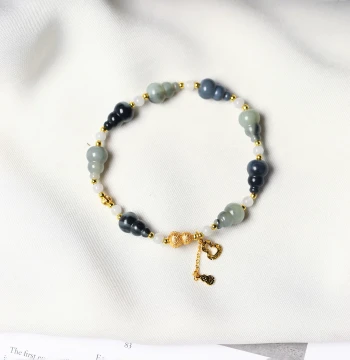 Natural Hetian Jade Blue-and-White Seed Material Carved Small Gourd, Original Matched Bracelet, Women's Jade Bracelet Jewelry