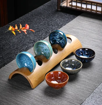 Tenmoku Glaze Jian Zhan Kiln-Change Brushed Tea Cups, 6-Piece Ceramic Kung Fu Tea Set, Small Tea Bowls and Tasting Cup Set