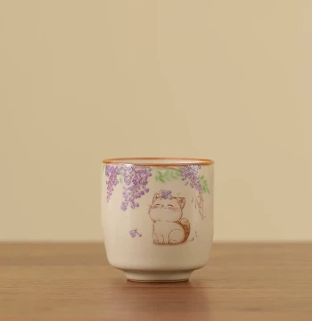 Wisteria Cat Beige Ru Kiln Master Cup, Single Cup for Women, Personal Tea Cup with Crackled Glaze, Cultivable Ceramic Tasting Cup
