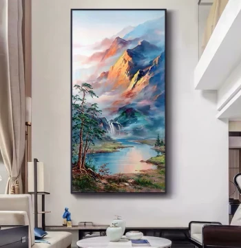 Purely Hand-Painted Oil Painting New Chinese Style Landscape Scenery Entryway Corridor Hanging Art Sunlight on Golden Mountain Treasure Bowl Living Room Decor