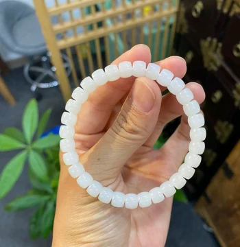Premium Natural Hetian Old Material Mutton Fat White Jade Straight-Cut Bead Bracelet for Men and Women