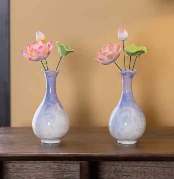 Handmade Ceramic Lotus Vase, Complete Home Decor Set for Tea Table, Desktop, Office, or Buddhist Altar Offering Gift