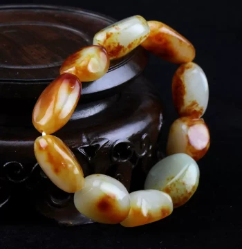 Xinjiang Hetian Jade Seed Material Raw Bracelet, Jujube Red Skin Small Seeds, Red Patina Skin Irregular Shape Hand Strand for Couples