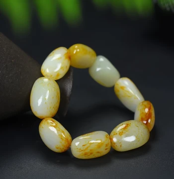 Xinjiang Hetian Jade Seed Material Raw Stone Bracelet Barrel Beads Loose Beads Matching Beads Necklace Yellow-Red Infused Skin Jade Men's Bracelet